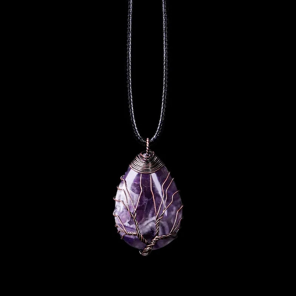 Cosy Casa® - Edelsteen - ketting - Zwart - Amethist - Amethyst - kristal - Three of life - spiritueel - Druppel - Bergkristal - Natuurlijke edelsteen ketting - Cadeauverpakking