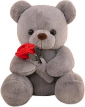 Beer Pluche Knuffel Grijs met Rode Roos 23 cm [knuffelbeer teddybeer - plush bear with rose - rozenbeer rozen beer - i love you ik hou van jou - valentijn valentijnsdag valentijnscadeau - kado voor hem haar]