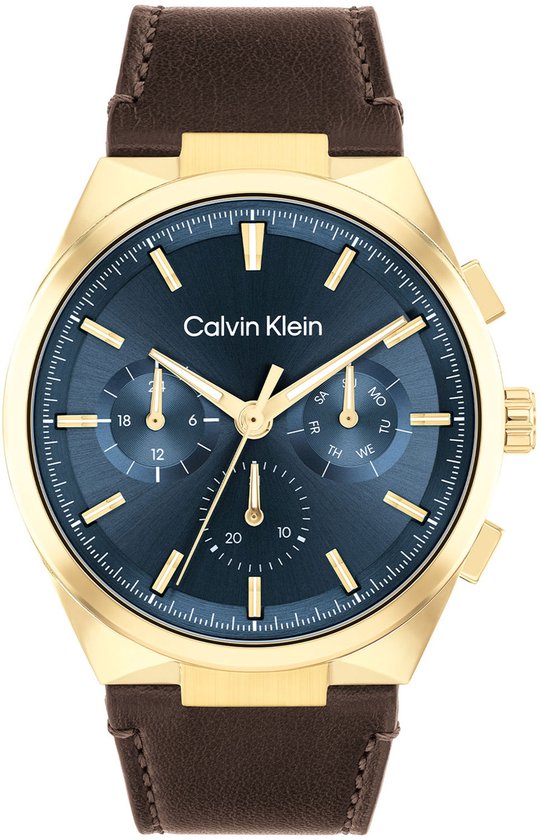 Calvin Klein CK25200445 DISTINGUISH Heren Horloge - Mineraalglas - Staal/Leer - Bruin/Goudkleurig - 44 mm breed - Quartz - Gesp - 3 ATM (spatwater)