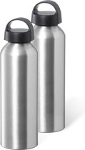 Bellatio Design Waterfles/drinkfles/sportfles - 2x - metallic zilver - aluminium - 800 ml - schroefdop