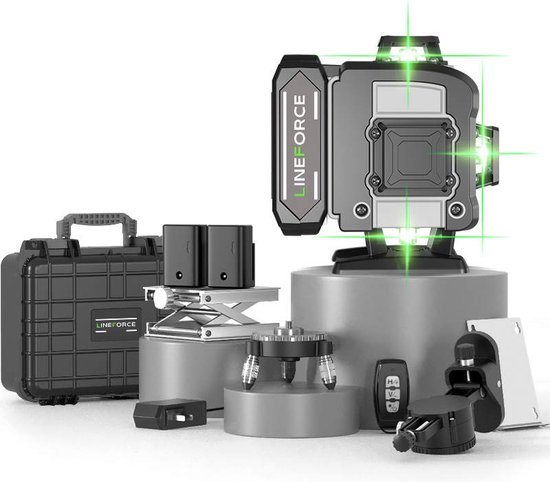 4D Kruislijnlaser Incl draagkoffer - 4 tot 16 lijnen - Zelfnivellerend - 50 meter bereik - Met 2 batterijen - 360° Schakelbaar horizontaal & verticaal - Lijnlaser - Kruislaser - Bouwlaser