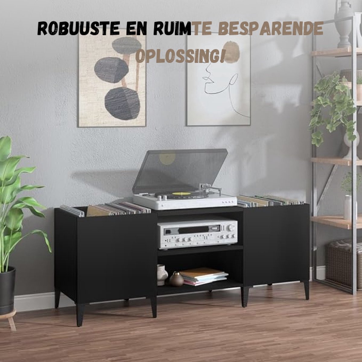 Grote Platenspeler Stand, Retro Draaitafel Kast Met Vinyl Opslag Tafel, LP Display Plank en Tijdschrift Houder Sling