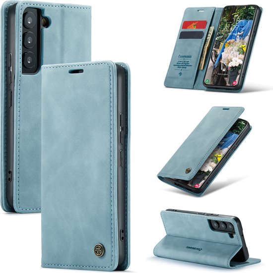 Collage van aqua blauwe telefoonhoes: gesloten, open met telefoon, zijaanzicht en achterkant.