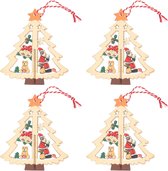 4x Kerstboomdecoratie houten kerstbomen met kerstman 10 cm - kerstboomversiering - kerstdecoratie