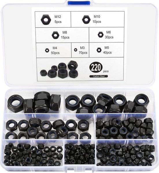 220 Stuks Zeskantmoeren Assortiment Set, zelfborgende moeren, borgmoeren Nylon Inzetmoer, schroefmoeren Metaalmoeren, M3 M4 M5 M6 M8 M10 M12, zwart