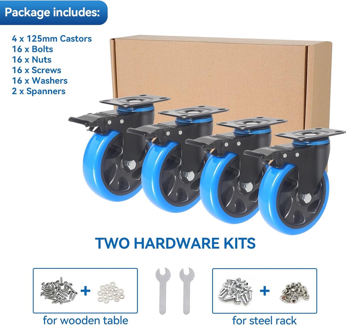 125 mm zware wielen blauw set van 4 meubelwielen tot 1000 kg 360 graden dubbele vergrendeling wielen met rem incl. schroeven en stofbeschermingsring ideaal voor werkbanken …