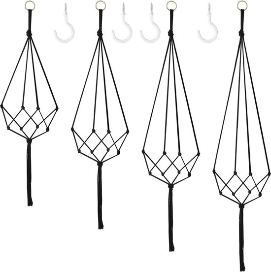 Set van 4 macramé bloemenhangers, boho, decoratie, katoenen touw, hanghangers, bloempot, plantenhouder, hangers voor binnen en buiten, plafonds, balkons, wanddecoratie (zwart)