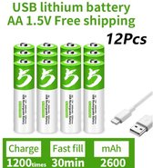 AA Batterijen Li-ion Oplaadbare USB | 12 Pack 1.5V 2600 mWh met 4in1 USB-C Kabel - Duurzame Keuze - Lithium AA batterij - 12 stuks