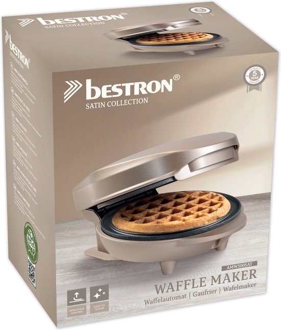 Doos van Bestron 'Satin Collection' wafelijzer. Goudkleurig met afbeelding van het wafelijzer.