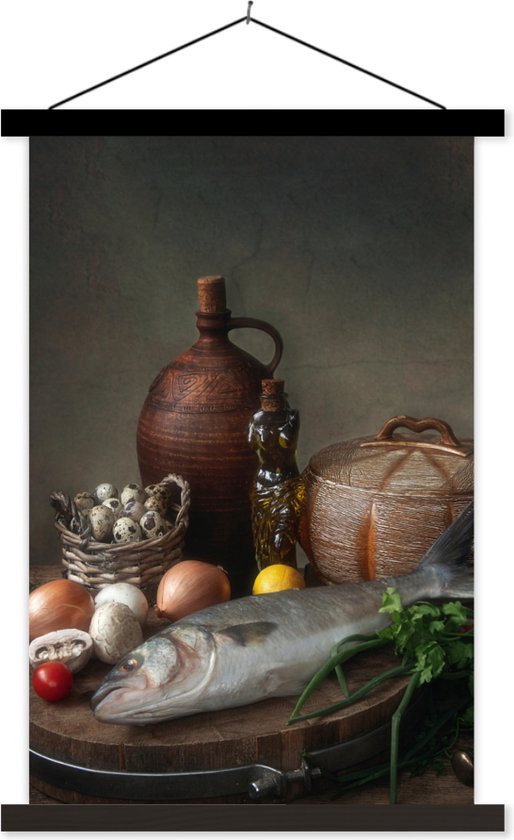 Porte-affiche incl. Affiche 60x90 cm - Affiche scolaire - Rustique - Poissons - Nature morte - Légumes - Herbes - Affiche textile - Lattes noires