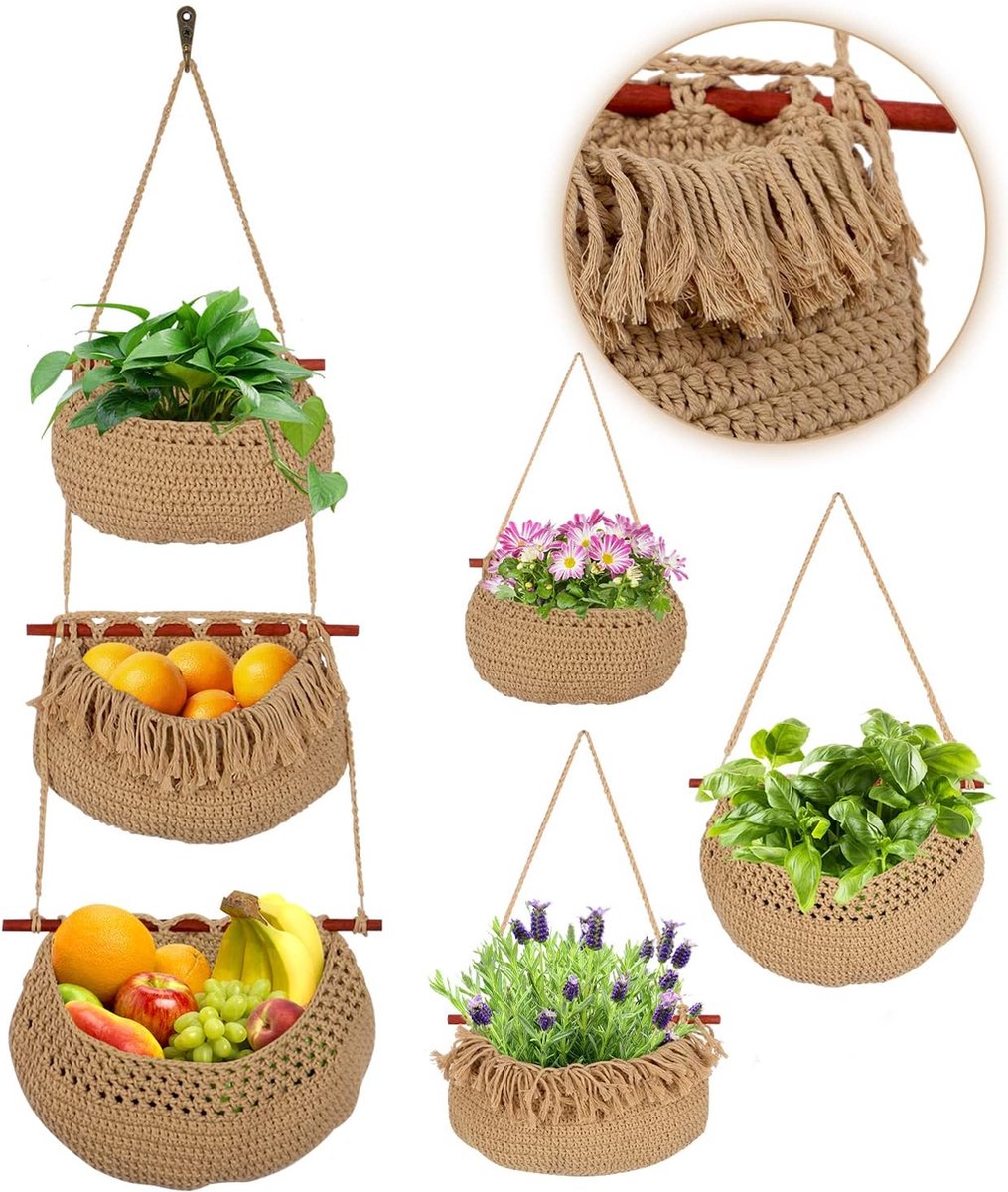 Hangende Organizer voor deur/muur, Hangend Wandopbergvakken met 3-traps Katoenen Touwmand, Badkamermand Organizer, Hangrek, Kledingkast Hangopslag