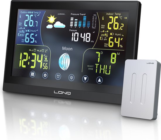 LONQ Weerstation Binnen en Buiten Q2 - Incl. Batterijen - Draadloos Weerstation met Buitensensor - Thermometer Hygrometer - Touchscreen Kleurendisplay - DCF Gestuurde Klok