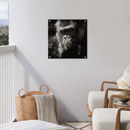 Posters de jardin Gorilla sur fond noir en noir et blanc - 50x50 cm - Toile jardin - Poster extérieur