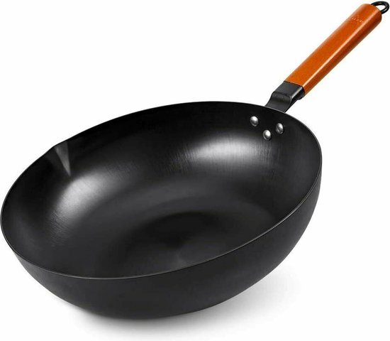 Skylight® Ø32 cm Carbon staal Wokpan - met houten handvat - geschikt voor alle warmte bronnen - Zwart