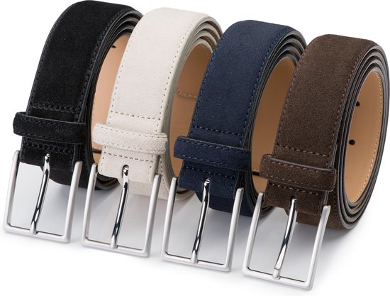 DTCH.FIT Herenriem Suède Bobby - Riem Zwart, Beige, Blauw & Donkerbruin - Pantalon & Jeans Broekriem - Riemmaat 115cm - Totale lengte 130cm - 4 Stuks