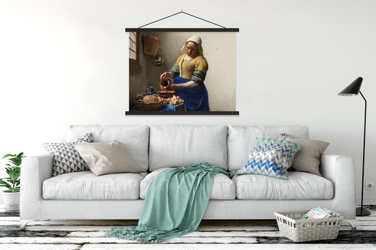 Porte-affiche incl. Affiche 120x90 cm - Affiche scolaire - La laitière - Peinture de Johannes Vermeer - Affiche textile - Lattes noires