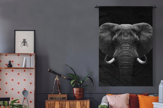 Wandkleed - Wanddoek - Dieren - Olifant - Portret - Zwart - Wit - 120x180 cm - Wandtapijt