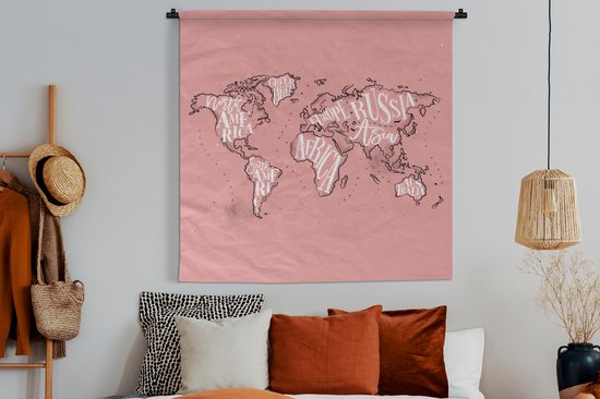 Tapisserie - Toile murale - Wereldkaart - Rose - Wit - Lettres - 150x150 cm - Tapisserie