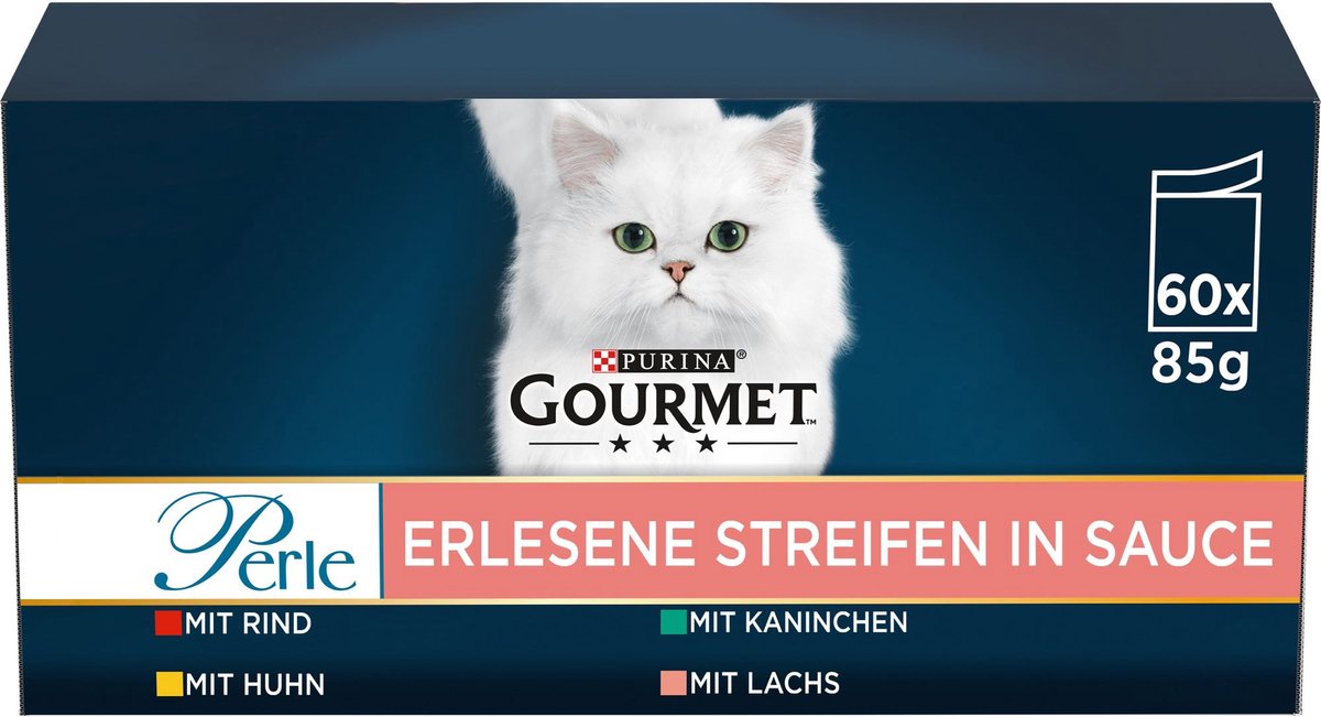 Gourmet Perle Mini Filets in saus - Kattenvoer Natvoer - Kip Konijn Rund & Zalm - 60 x 85 g - Gourmet