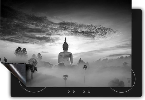 Chefcare Inductie Beschermer Boeddha Beeld in de Mist - Zwart Wit - 65x52 cm - Afdekplaat Inductie - Kookplaat Beschermer - Inductie Mat