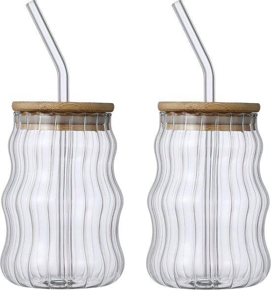 OTIX Drinkglazen - met Bamboo Deksel en Rietje - 2 Stuks - 400 ml - Waterglazen - OTIX