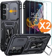Hoesje Geschikt voor Samsung Galaxy S24 hoesje backcover Zwart met Met Draaibare Ring Houder en camera bescherming - Galaxy S24 Screenprotector - 2 stuks
