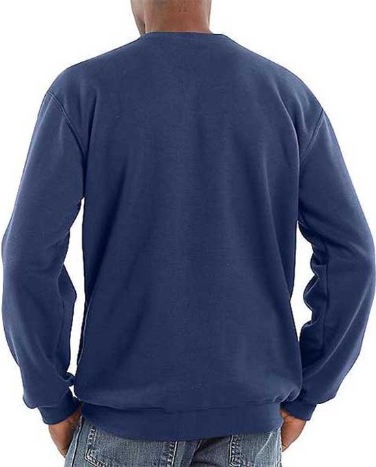 Donkerblauwe Carhartt sweatshirt, achterkant, met ronde hals en lange mouwen.