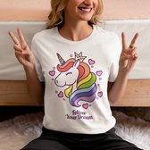 Shirt - Follow your dream - Wurban Wear | Grappig shirt | Leuk cadeau | Unisex tshirt | Unicorn | Eenhoorn | Sprookjeswonderland | Regenboog | Dieren | Wit