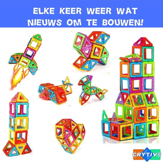 Collage met diverse magnetische constructies: raket, huis, hond, vliegtuig en hart.