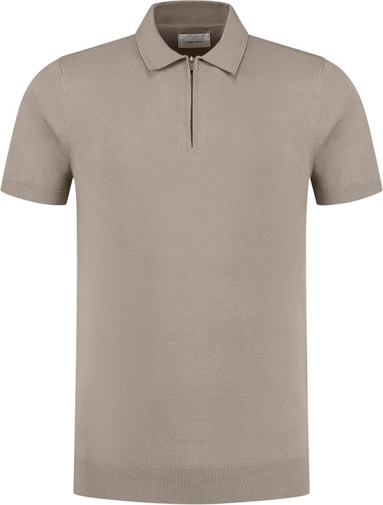 PURE PATH Knitted Shotsleeve Polo Half Zip With Chest Embroidery Polo's & T-shirts Heren - Polo shirt - Taupe - Maat XXL