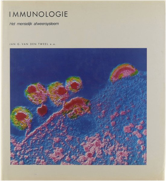 Boekomslag "Immunologie: Het menselijk afweersysteem" met een microscopische afbeelding van cellen in rood, geel en blauw.