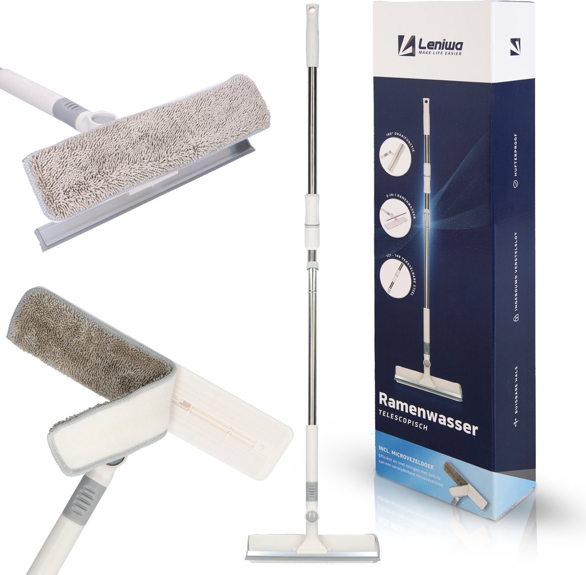 Goedkoopste Leniwa Raamwisser - Incl. 2x Microvezeldoeken - Ramenwasser telescopisch 148 cm - Ramenwisser - Ramenwasser met steel - 2in1 inwasser - hufter proof - Ruitenwasser - Ramenwisser met telescoopsteel - Ruitenreiniger met steel - Streeploos ramen wassen