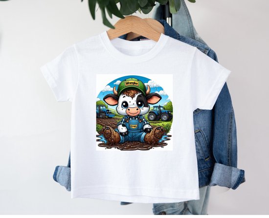 Kinder T-shirt met vrolijke print -boeren - tractor- wrangler -koeien -dieren - boy -girl - cow 3