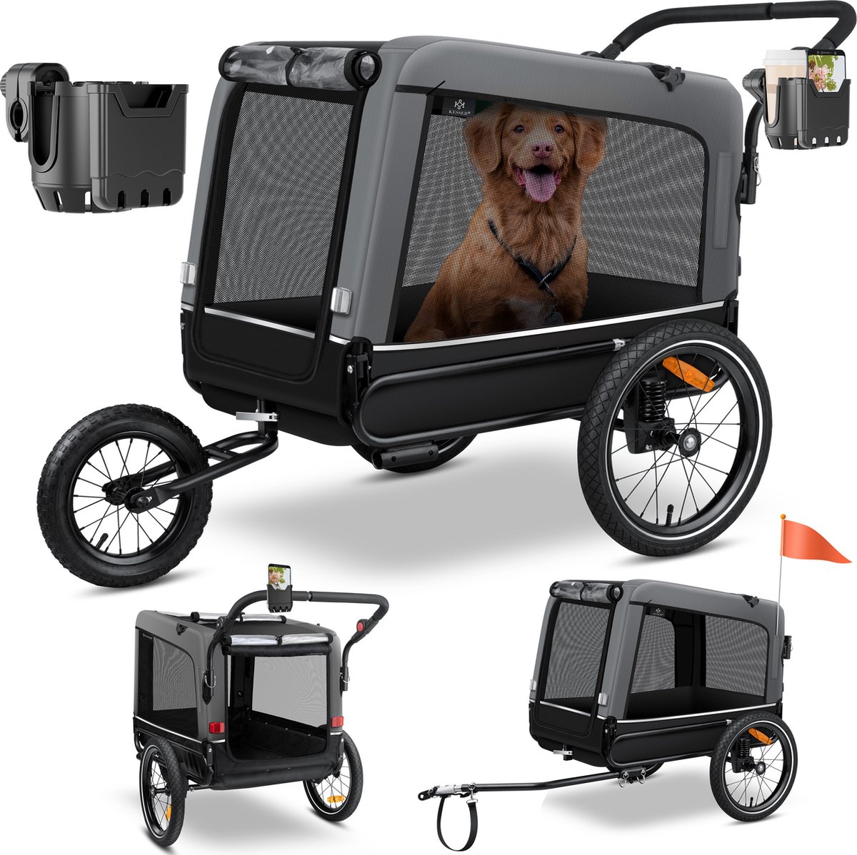 Bol.com KESSER® Hondenfietskar tot 40 kg 3in1 Hondenbuggy - Fietskar Hond Jogger - Grijs aanbieding