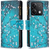 Xiaomi Redmi Note 13 4G - Portemonnee met rits - book-case hoesje - ruimte voor 9 pasjes - blauw bloemen