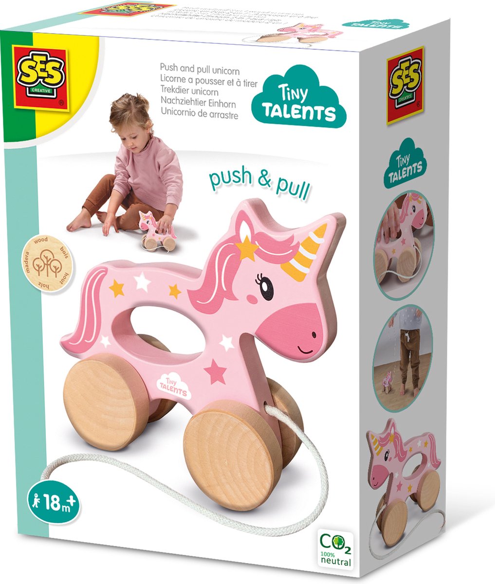 SES Tiny Talents Trekdier 2 in 1 houten unicorn Montessori op maat gemaakt voor kinderhandjes eenhoorn trekdier Unicorn Speelgoed 2 Jaar