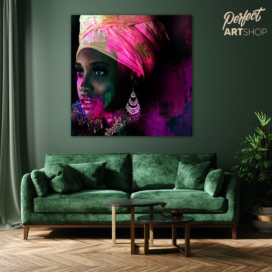BEAUTIFUL AFRICAN WOMAN-2:120x120cm Aluminium. Decoratie - Modern - Zwart - Blauw - Groen - Roze - Vrouw - Afrika