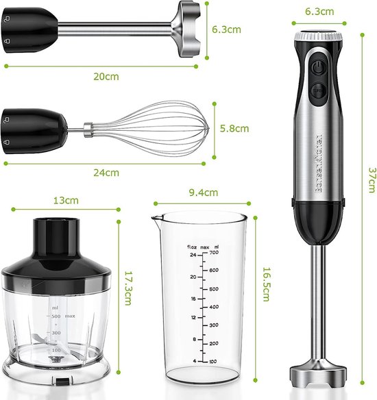 Staafmixer 4in1 - 1000W - Blender met 20 Snelheden - 500ml Hakbeker - 700ml Maatbeker - Eenvoudig te Gebruiken — afbeelding 3