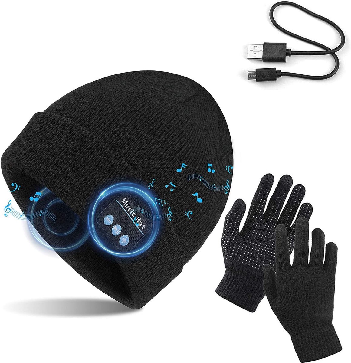 Zwart one size muts met touch handschoenen, winter warm gebreide draadloze Bluetooth V5.0 hoofdtelefoon muziek USB - super warm gevoerd met fleece laag - voor hardlopen, wandelen, fietsen, wintersport, reizen