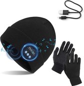 Bonnet Zwart taille unique avec gants tactiles, tricot chaud d'hiver sans fil Bluetooth V5. 0 casque musique USB - super chaud doublé d'une couche polaire - pour la course, la marche, le vélo, les sports d'hiver, les voyages