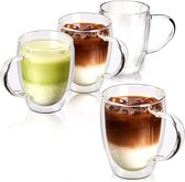 Dubbelwandige glazen cappuccinokopjes, geïsoleerde thermoglazen van helder glas met handgrepen voor warme of koude dranken, koffie, latte, mochiatto, wijn, thee, set van 4, 350 ml