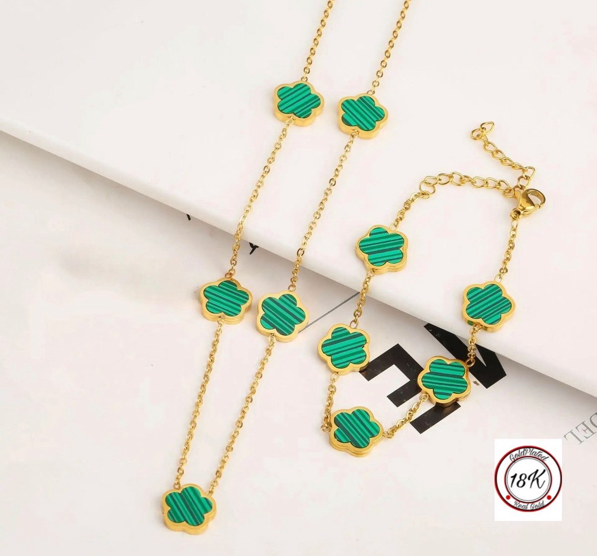 Soraro Klaver Ketting&Armband Set | Goldplated | Groen | Armband | Klavertje | Dames Cadeau