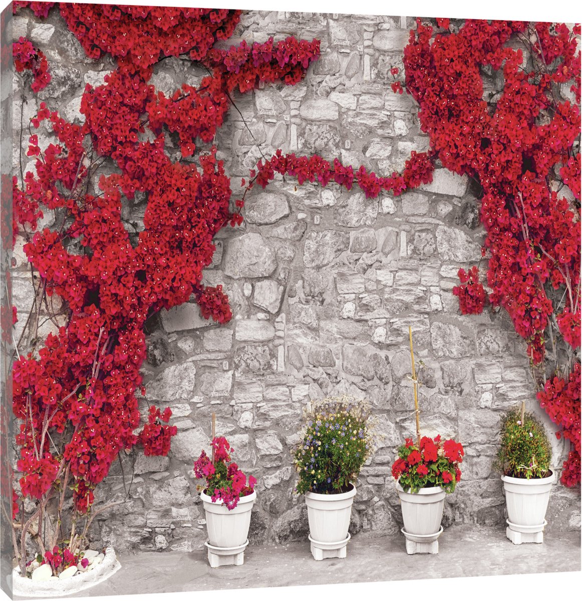 Canvas Schilderij - Natuur - Bloemen - Plants - Rood - Muur - Steen - Schilderij Woonkamer - Schilderijen op canvas - Inclusief Frame - 100x75cm (LxB)