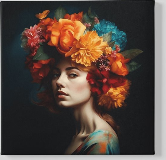 Canvas Schilderij - Vrouw Met Bloemen - Wanddecoratie - 100x100x2 cm