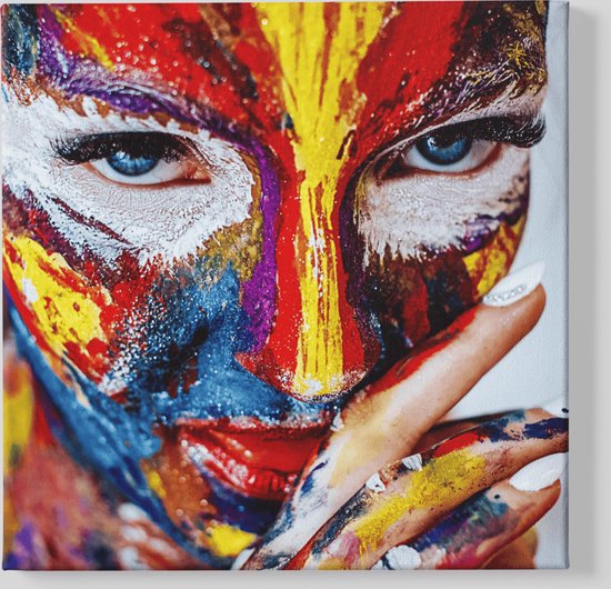 Canvas Schilderij - Gekleurde Vrouw Gezicht - Foto Op Canvas - 100x100x2 cm