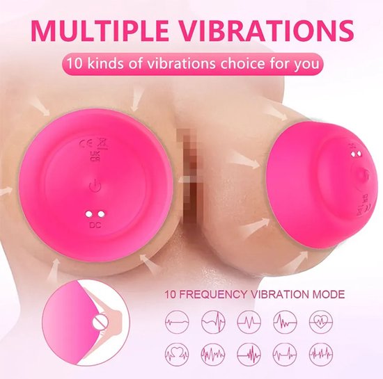 Roze tepelstimulatoren in gebruik, met pijlen die zuigkracht aanduiden. Bevat 10 vibratiestanden.