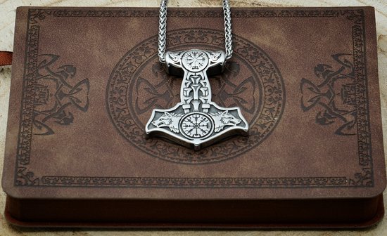 [Deux Corbeaux] Collier Marteau de Thor – Pendentif Marteau de Thor avec Loups et Boussole Viking – Fenrir – Collier Viking – Bijoux Viking – Mythologie Nordique – Asatru – Païen – Païen – Spirituel