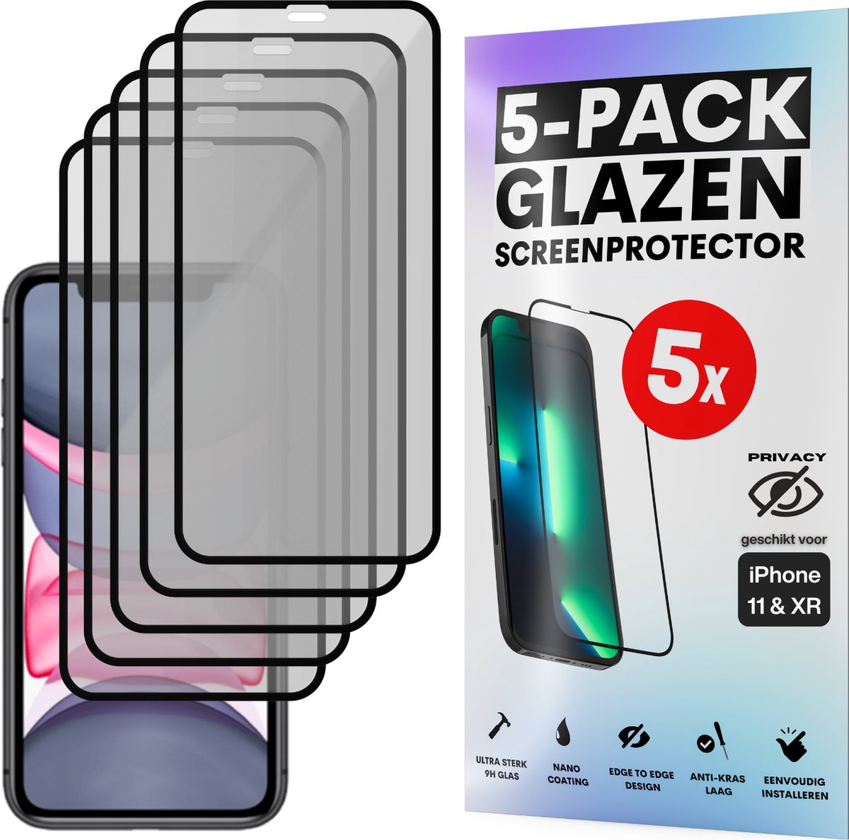 Privacy Screenprotector - Geschikt voor iPhone 11 / XR - Gehard Glas - Full Cover Tempered Privacy Glass - Case Friendly - 5 Pack