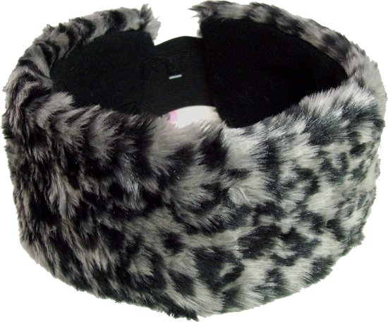 Hoofdband haarband fleece gevoerd met elastiek achter dierprint zwart grijs maat one size