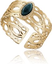 Ring – Rvs – Afrikaans turquoise - edelsteen - Breed - Goudkleurig 18K PVD plating – Verstelbare – ontwerp – Makkelijke voor mensen met moeilijke en artrose vingers